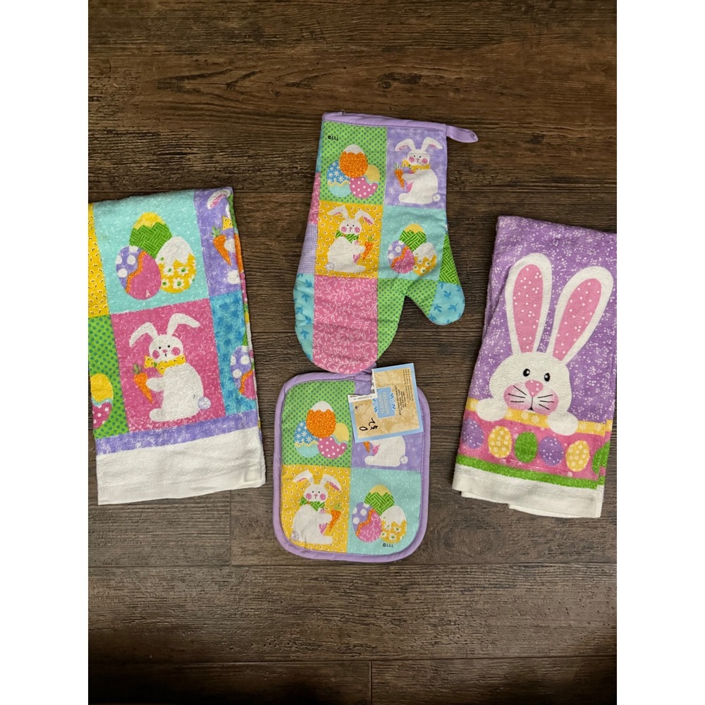 Easter Kitchen Decor Set 3 Piece Bunny Oven‎ Mitt Potholder Dish Towel Spring
